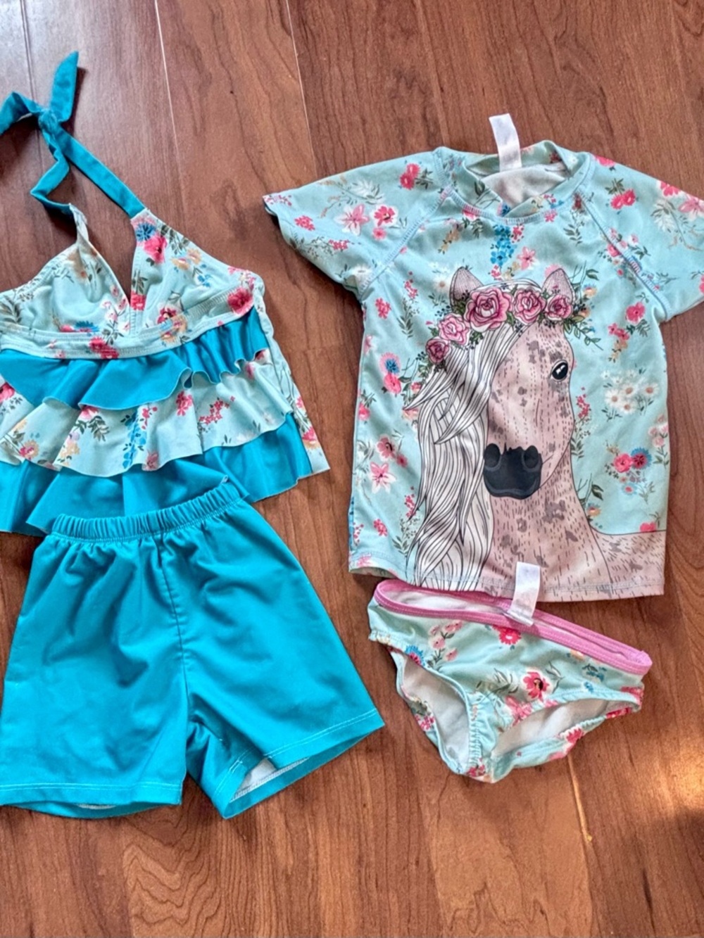 Girls Aqua Floral Horse Rashguard Swim Set